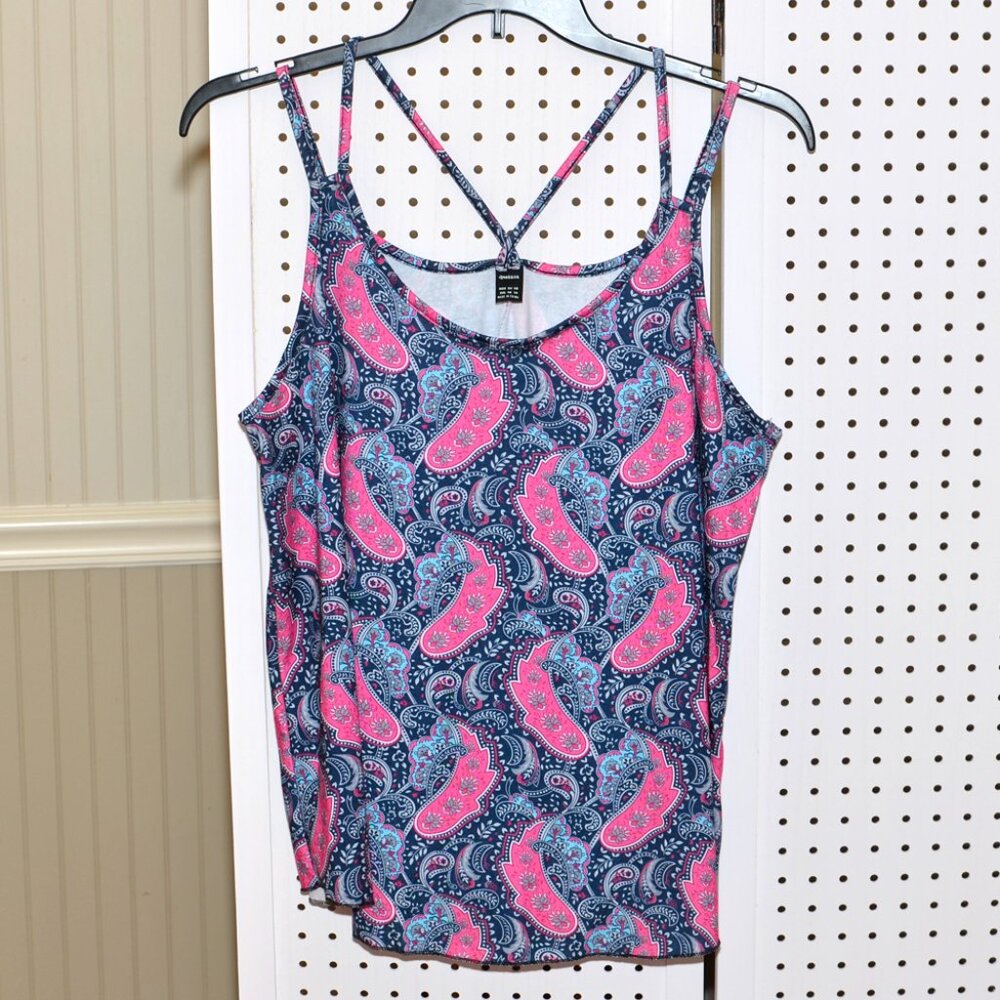 Plus Size XXL Ranlege Hot Pink & Blue Paisley Floral Strappy Tank Top